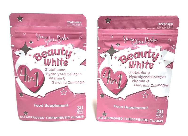 Beauty White 4 in 1 Glutathione Food Supplement, Size 15gram Each (Pack of 2) 30 x 2-60 Capsules
