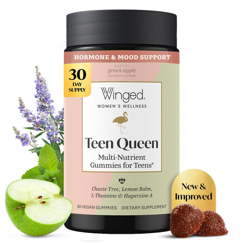 Winged Wellness Teen Queen, Multivitamin Gummies for Teen Girls, 60 Gummies | Teen Multi-Vitamins for Mood & Hormonal Health, Vegan Gummy Supplement - Chaste Tree, Lemon Balm, L-Theanine, & Huperzine A 50 Count (Pack of 1)
