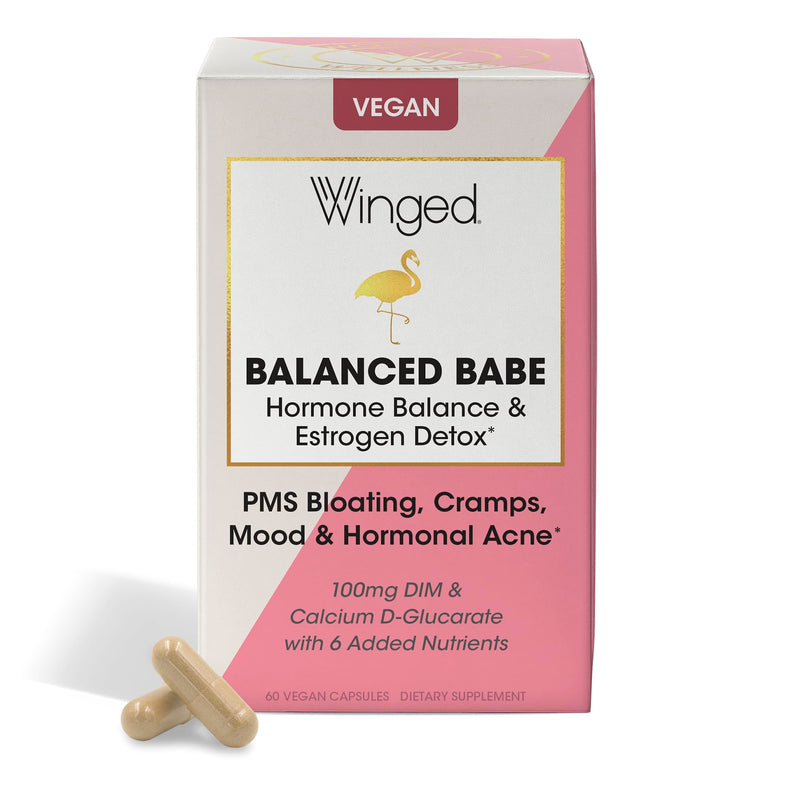 [Australia] - Winged Wellness Balanced Babe | Hormone Balance & Estrogen Detox for Women | PMS Bloating, Cramps, Mood Swings & Hormonal Acne | 100mg DIM, 100mg Calcium D-Glucarate & 6 Added Nutrients | 60ct 60 Count (Pack of 1) 