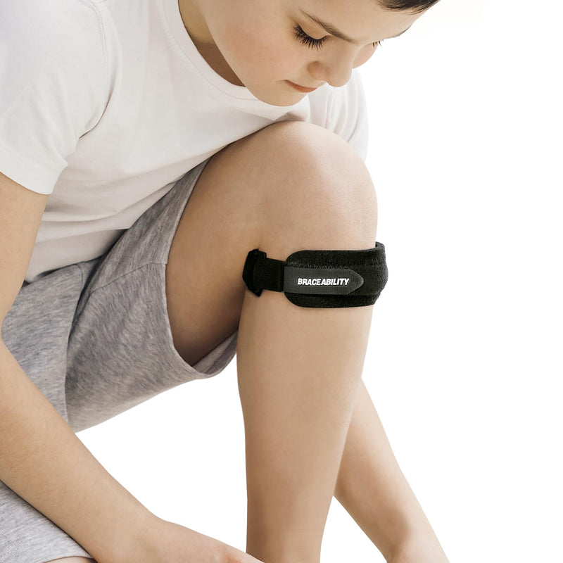 BraceAbility Kids Knee Band - Youth Patellar Tendon Support Strap Child Osgood Schlatter Brace for Jumpers Knee, Patella Tendonitis, Sports Wrap for Running, Soccer, Volleyball, Basketball (M) Medium