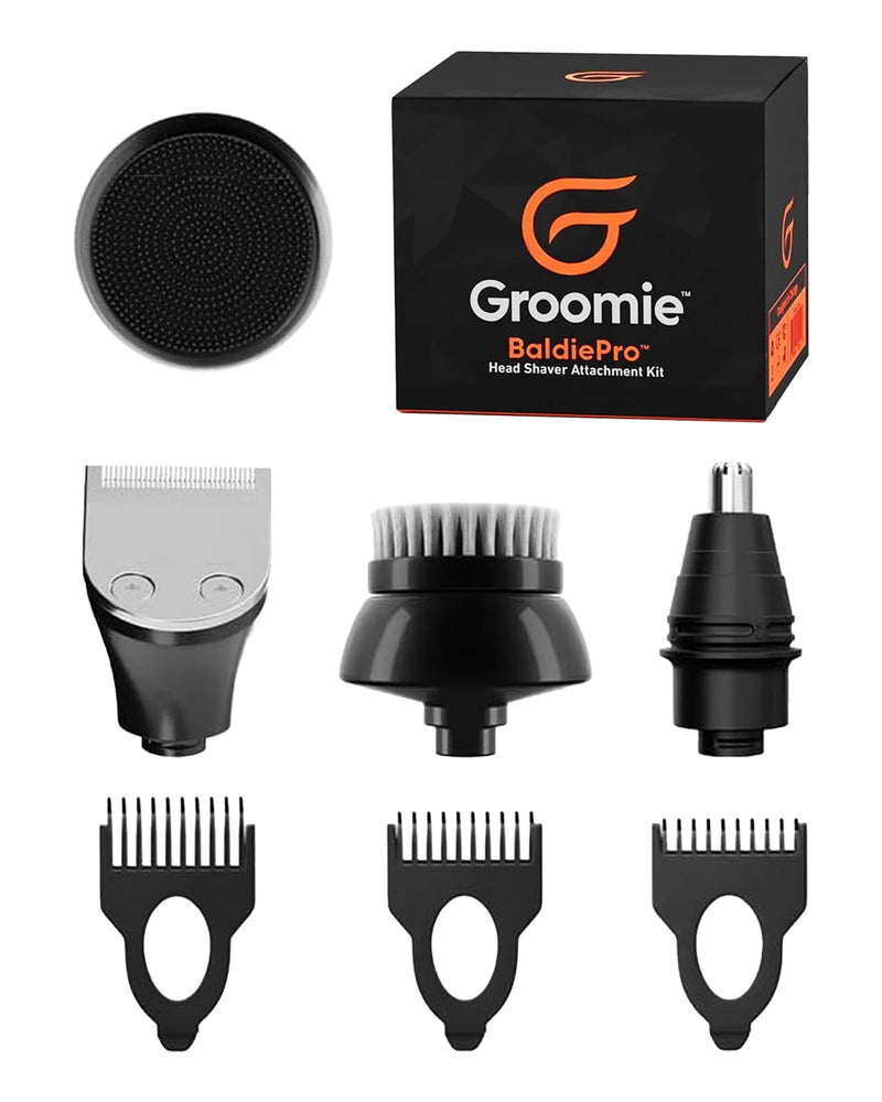 [Australia] - Groomie 7-Piece Men's Hair Clippers & Grooming Kit - Includes Precision Clipper, 3-5-7mm Clipper Guards, Ear & Nose Trimmers, Exfoliation Brush, and Pre-Shave Massager - Perfect for Beginners 