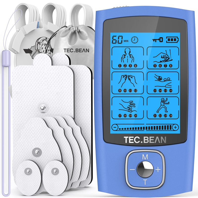 [Australia] - 24 Modes Tens Unit Muscle Stimulator, Rechargeable Tens Machine with 8 Electrode Pads (American Gel), Electric Pulse Massager for Pain Relief Therapy（Blue） B-blue 