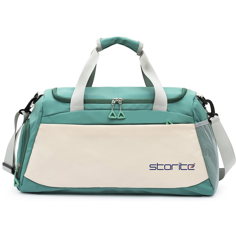 Storite Travel Duffle Bag with Shoe Compartment, Green/White, 51x22x28 cm | Water Resistant Nylon, Lightweight, Multi-Pocket, Wet Pocket, Adjustable Shoulder Strap, Travel, Gym, Weekend Trips