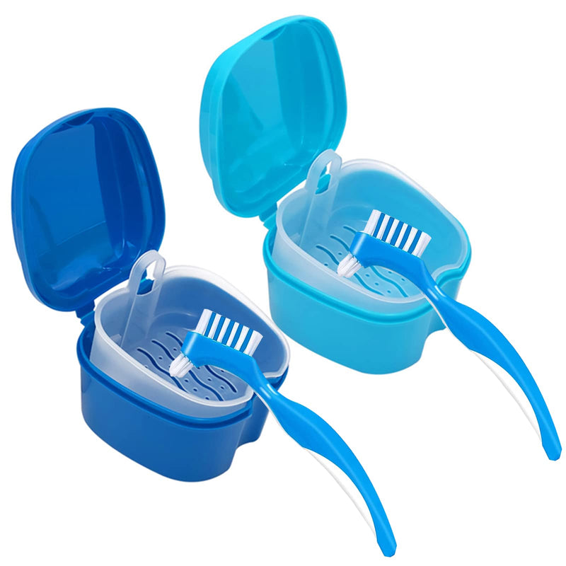 [Australia] - Denture Cleaner Box and Brush Set - 2 Pack Denture Bath Case with Basket + 2 Pack Denture Brushes, Portable Denture Retainer Storage Box, False Teeth Brushes for Oral Care 