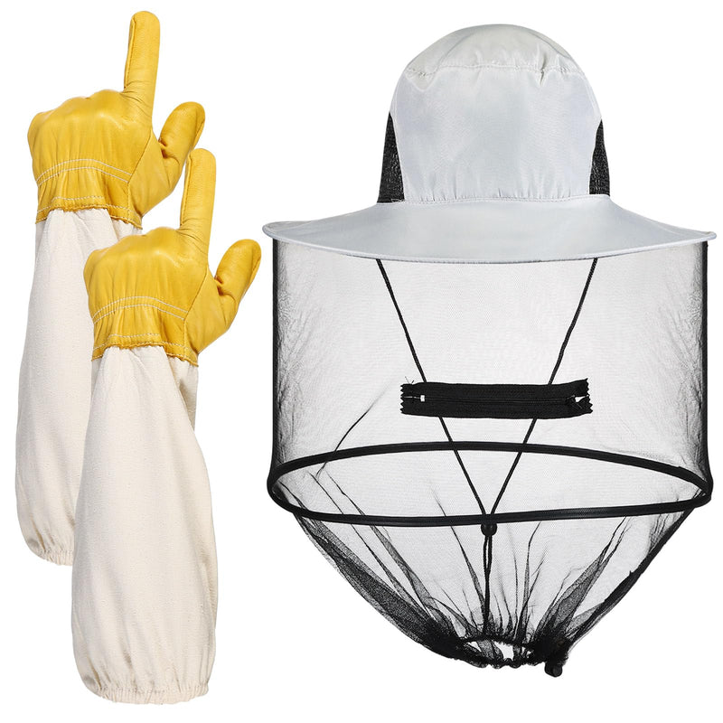 [Australia] - Xuhal Bee Keeping Hats and Gloves Includes Thick Goatskin Leather Bee Gloves with Ventilated Sleeves and Bee Keeper Fencing Veil Mosquito Hats Sun Hat with Hidden Net Mesh Mask 