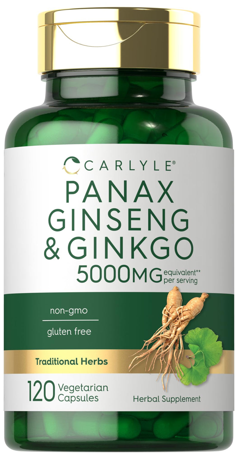 [Australia] - Carlyle Panax Ginseng + Ginkgo Biloba | 120 Vegetarian Capsules | 5,000mg | Vegetarian, Non-GMO, and Gluten Free Supplement 