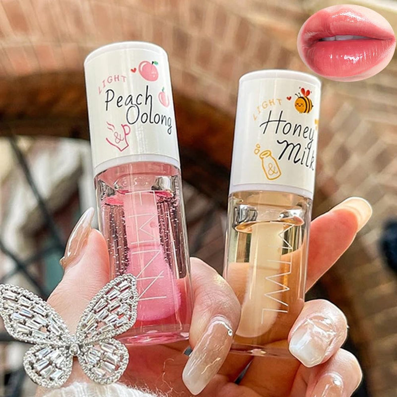 Charm Kiss 2 PCS Big Brush Head Crystal Jelly Moisturizing Lip Oil, Honey&Peach Vitamin E Lip Tint Lip Plumper Lip Care Serum, Long Lasting Nourishing Non-sticky Fresh Texture Lip Care