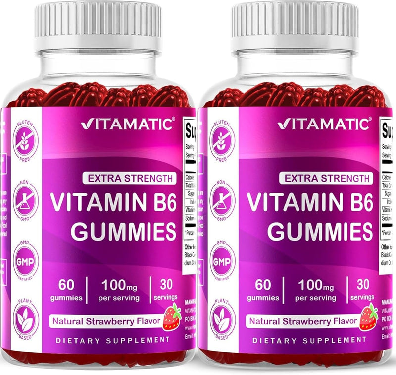 Vitamatic 2 Packs Vitamin B6 100mg Gummies – Natural Strawberry Flavor – 60 Pectin-Based Gummies per Bottle – Nervous System & Energy Support 120 Count (Pack of 1)