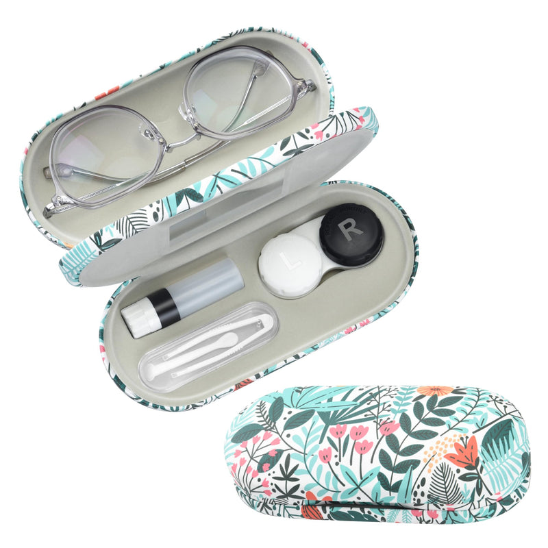 [Australia] - 2 in 1 Contact Lens and Glasses Case,Double Sided Dual Use Design with Mirror, Tweezer and Contact Lens Solution Bottle,Portable Soak Storage Kit for Travel,Office(White & Tropical Flowers) White & Tropical Flowers 
