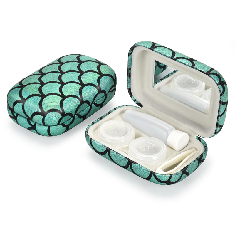 [Australia] - Muf Fish Scale Contact Lens Case,Portable Contact Lens Travel Kit with Mirror,Container,Tweezer,Contact Lens Solution Bottle,Compact Soak Storage Kit for Travel Outdoors Daily Use,Green Sparkles Green Sparkle Fish Scale 