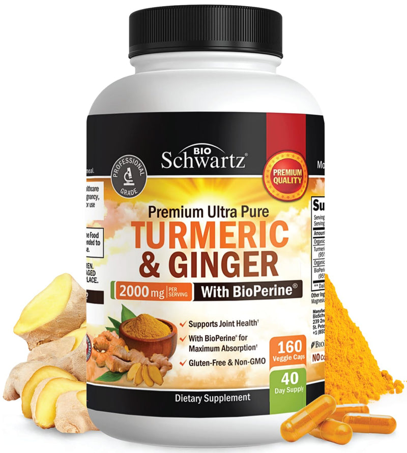 [Australia] - Turmeric Curcumin and Ginger 2000mg with BioPerine for Maximum Absorption, 95% Standardized Curcuminoids Natural Turmeric Supplement for Joint & Immune Support - Gluten-Free, No-GMO, 160 Capsules Turmeric Ginger Capsules 160 Count (Pack of 1) 