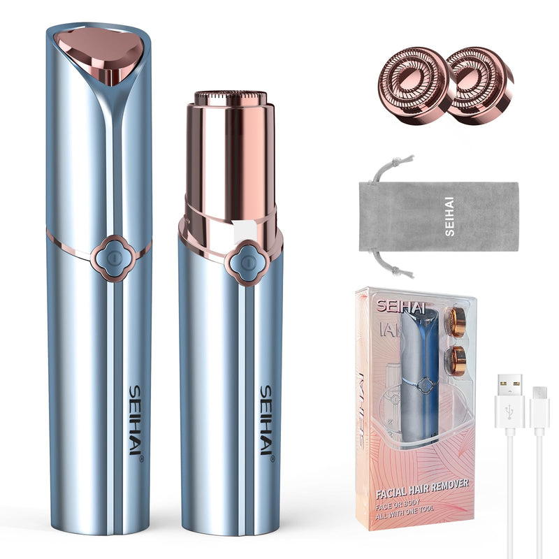 [Australia] - Facial Hair Remover for Women, Rechargeable Face Shavers for Women,Included 2 x Replacement Heads, Upper Lip, Chin, Face Hair Remover Peach Fuzz Remover Blue+2 Heads 
