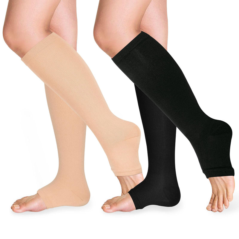 [Australia] - Open Toe Compression Socks 15-20 mmHg for Women and Men Knee High Toeless Circulation Compression Stockings Large-X-Large Black/Nude 