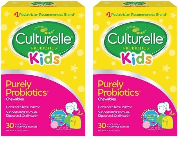 Culturelle Kids Chewable Daily Probiotic for Kids, Ages 3+, No.1 Pediatrician-Recommended Brand, Natural Berry, Daily Probiotics for Digestive Health, Oral Care & Immune Support, 2 Month Supply 30 Count (Pack of 2)