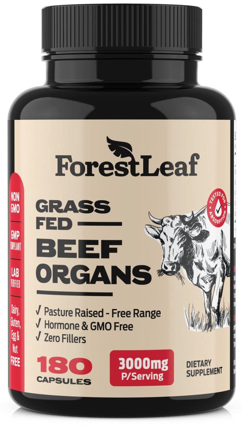 [Australia] - ForestLeaf Beef Organ Supplement - Grass Fed & Pasture Raised - Total Body Wellness & Performance, Organ Complex with 3000mg of Desiccated Beef Liver, Heart, Kidney, Pancreas, Spleen (180 Capsules) Unflavor Beef Organ 