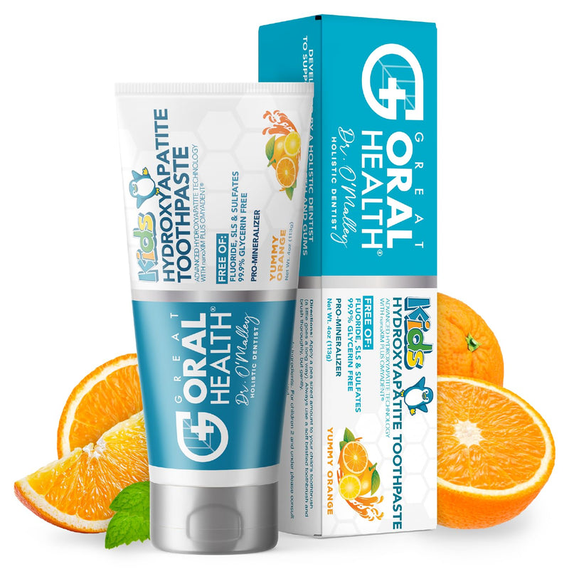 Kids Toothpaste No Fluoride; Non-Toxic Remineralizing Nano Hydroxyapatite Toothpaste Made by Dentist with Xylitol for kids Cavity Protection & Gums, Safe to swallow for Children/Toddlers, Yummy Orange Kids Yummy Orange 4 Ounce (Pack of 1)
