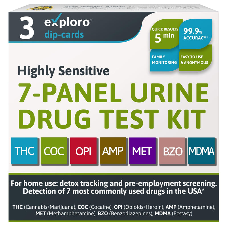 Exploro Home Drug Testing Kits, 7 Panel Instant Urine Screen, 3 Pack | Detects Marijuana, Cocaine, Opiates, Benzodiazepines, Amphetamines and Methamphetamine, Results in About 5 Minutes 3 Count (Pack of 1)