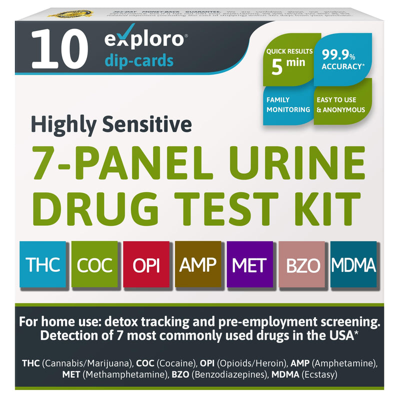 [Australia] - Exploro 7 Panel Drug Test Kit – at Home Urine Drug Test for THC, Cocaine, Opiates, Amphetamines, Benzodiazepines, MDMA & Methamphetamines – Easy & Accurate at Home Drug Testing Strips (Pack of 10) 10 Count (Pack of 1) 