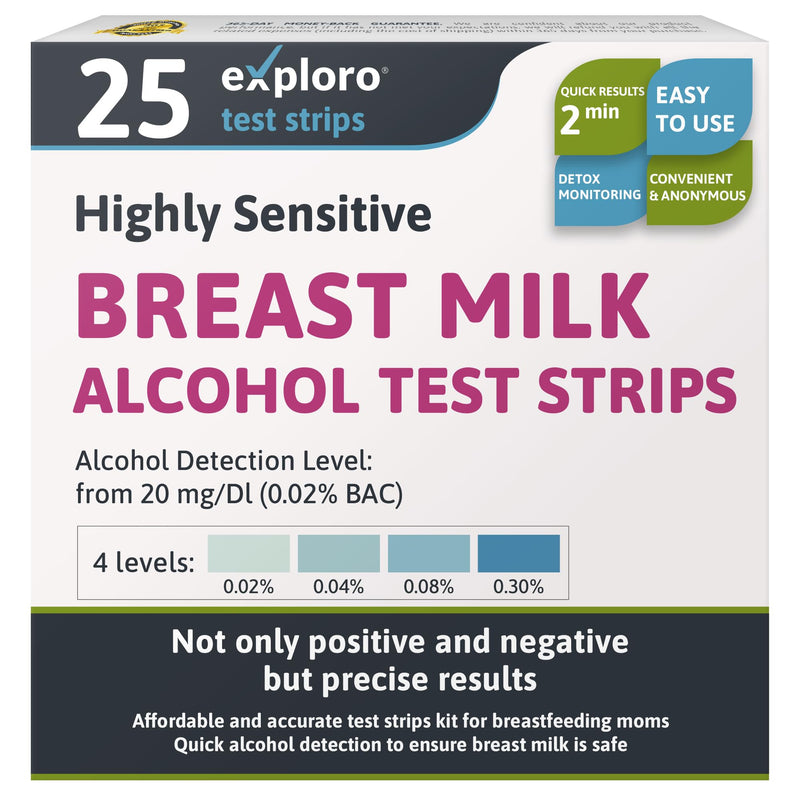 Exploro Breast Milk Alcohol Test Strips for 20 mg/dl, Breastmilk Alcohol Testing Strips for Mother's Milk, Alcohol Test Strips for Breastmilk Get Instant Results in 2 Minutes (Pack of 25) 25 Strips