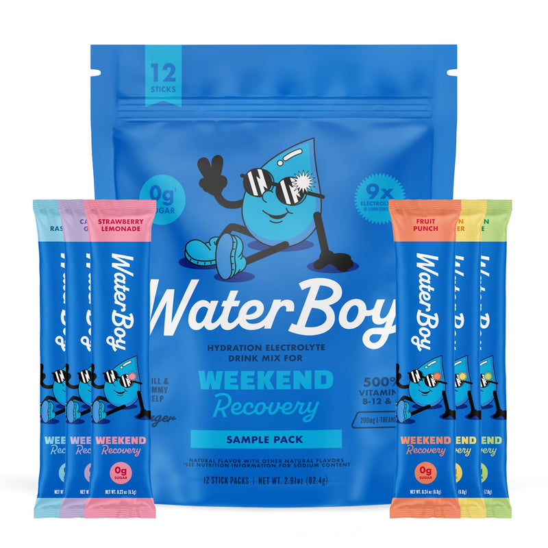 [Australia] - Waterboy Weekend Recovery Sample Pack | 3,200mg Electrolyte Powder Packets | Ginger + L-Theanine + Vitamins | No Sugar, All Natural, Gluten Free | 12 Drink Stick Mixes (Sample Pack) Variety Pack 12ct 