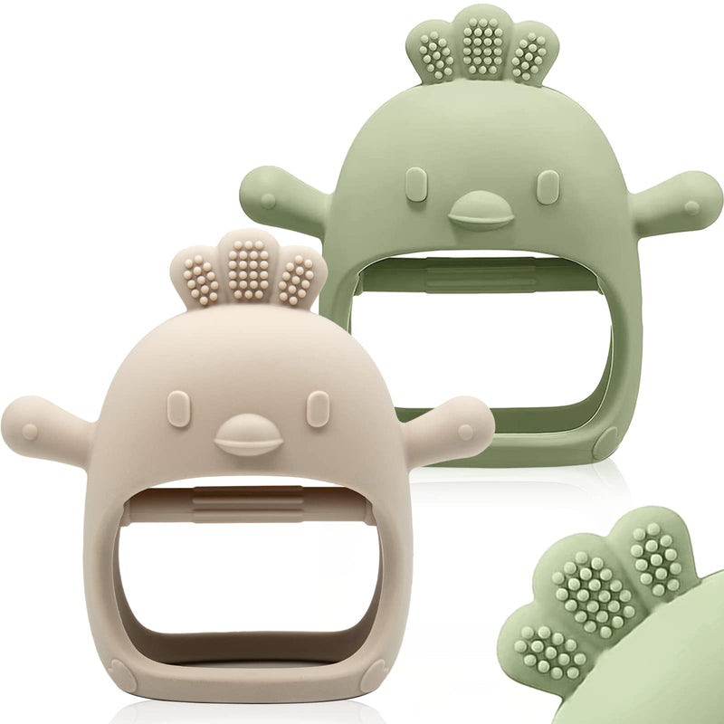 [Australia] - 2 Packs Baby Teething Toy for 0-6 6-12 months, Food Grade Silicone Teething Mitten, Anti Dropping Wrist Hand Teethers Baby Chew Toys for Sucking Needs, BPA Free (Green & Caramel) Green & Caramel 