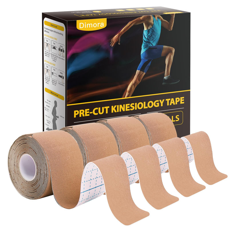 [Australia] - Dimora Kinesiology Tape 4 Rolls - Elastic Cotton Athletic Tape, 65.6 ft 80 Precut Strips in Total, Medical Grade Adhesive Sports Tape for Muscle Pain Relief and Joint Support Precut 4 Rolls Beige 