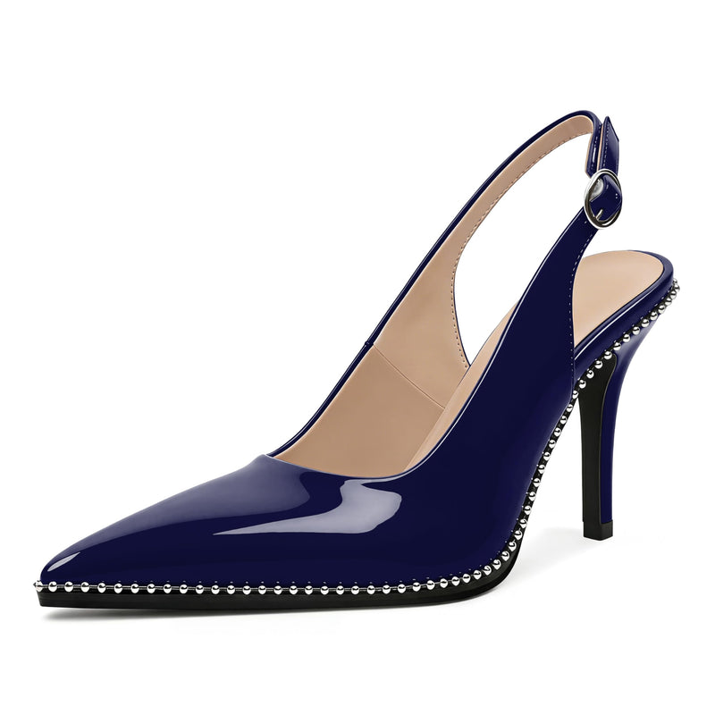 Zamikoo Women Beaded Pumps High Heel Slingback Pointed Toe Slip On 3.5 Inch Stilettos Ankle Strap Adjustable Buckle Patent Leather US Size 5 -Size 13 7 Navy
