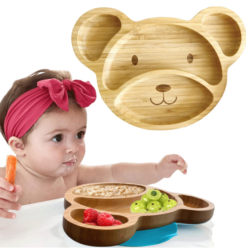 [Australia] - Bamboo Plates For Kids | Baby and Toddler Bamboo Suction Plate for Babies Feeding and Weaning | Promotes Self-Feeding with Eco-Friendly Sturdy Bear Design | Suction Plates for Busy Moms & Dads | Blue 