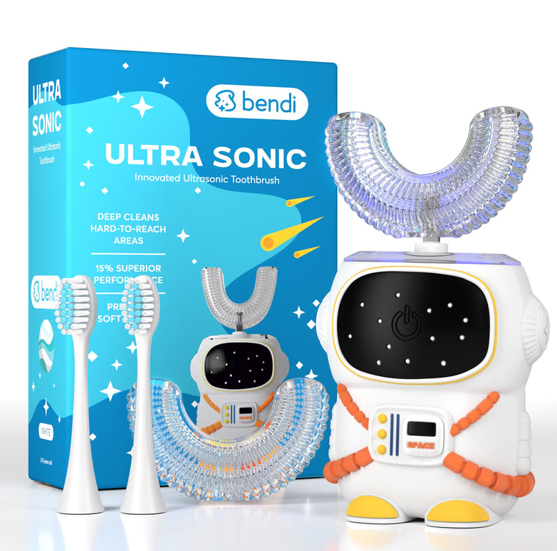 [Australia] - Sensory 360 Round U-Shaped Astronaut Design Mouthguard Electric Toothbrush for Kids Ages 2-7 - Automatic Memory Function - 5 Modes Toothbrush with Multiple Heads – Kids Travel Essentials (White) White Small 