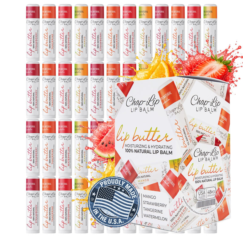 CHAP-LIP Lip Balm 48 Ct. with Fruit Flavors, Cocoa Butter, Coconut Oil Dermatologist Tested Moisturizing Vitamin E & Total Hydration Treatment & Soothing Lip Therapy 100% natural Made In USA 48 Count (Pack of 1)