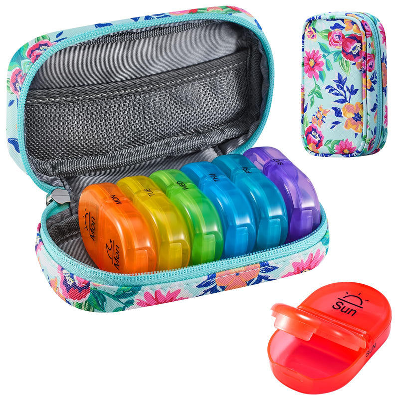 Serfeymi Weekly Travel Pill Organizer 2 Times a Day AM PM Rainbow Pill Box | Medicine Organizer with Portable Zipper PU Leather Pill Case,Pill Organizer 7 Day for Vitamins, Supplements，Pills - Green 01 B Pu Green 01 1 Set PU Case