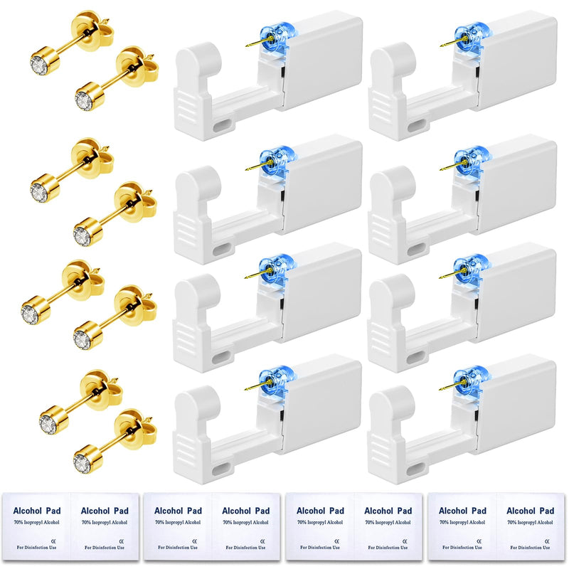 [Australia] - Get the Perfect Ear Piercing with 24Pcs Premium Ear Piercing Kit - Includes 8 CZ Diamond Earrings and 8 Easy-to-Use Self Ear Piercing Gun - Safe, Hypoallergenic, and Painless Gold 