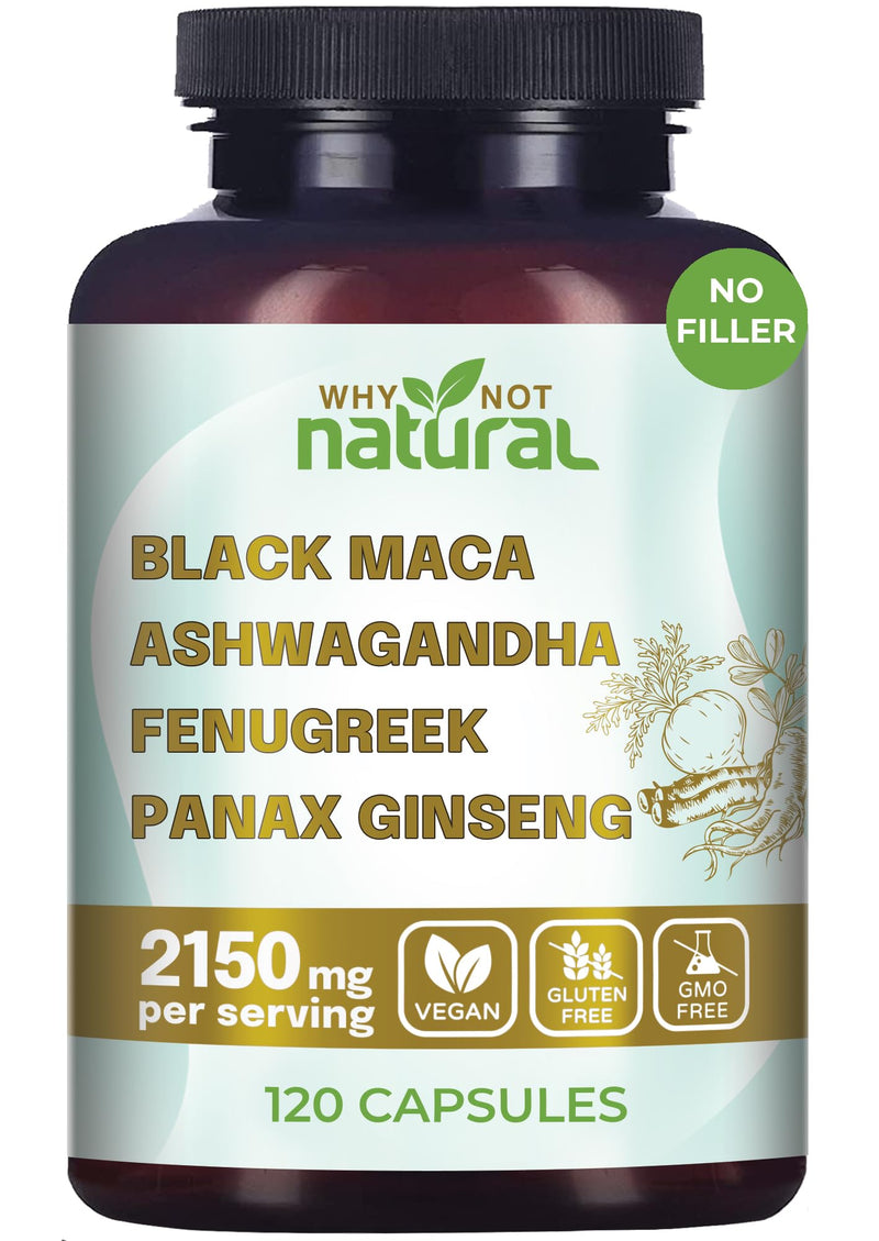 [Australia] - Why Not Natural 4-in-1 Organic Black Maca Root, Ashwagandha, Fenugreek, Panax Ginseng Capsules, Supplement for Men and Women (120 Count (Pack of 1) 120 Count (Pack of 1) 