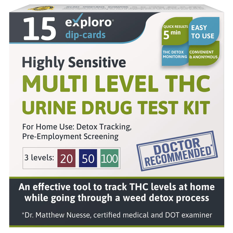 15 Pack - Exploro Multilevel Highly Sensitive 3-Level THC Tests For Home, Marijuana At Home Dip Card. Cannabinoids Testing Test. Rapid Exam Drug Dip Cards. Instructions Included. Easy To Use THC Test 15 Count (Pack of 1)