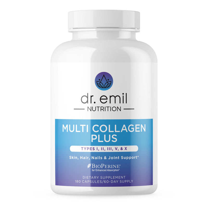 Dr. Emil Multi Hydrolized Collagen, Types I, II, III, V & X, 180 Capsules | All-in-One Hydrolyzed Collagen Blend with Biotin and Vitamin D to Support Hair, Skin, Nails, and Joints, Non-GMO