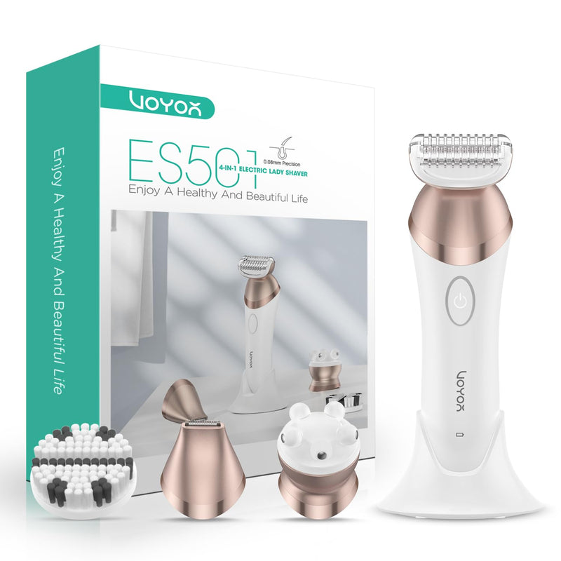 [Australia] - VOYOR Electric Razors for Women 4 in 1 Bikini Trimmer, Foil Shaver for Women 4 Replacement Heads for Body, Pubic Hair Trimmer, Cleansing, Massage 2 Adjustable Speeds Rechargeable Shaver ES501 (Gold) Gold 