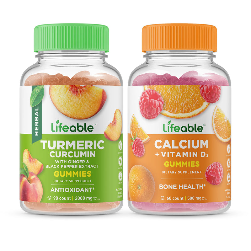 Lifeable Turmeric Curcumin + Calcium with Vitamin D, Gummies Bundle - Great Tasting, Vitamin Supplement, Gluten Free, GMO Free, Chewable Gummy
