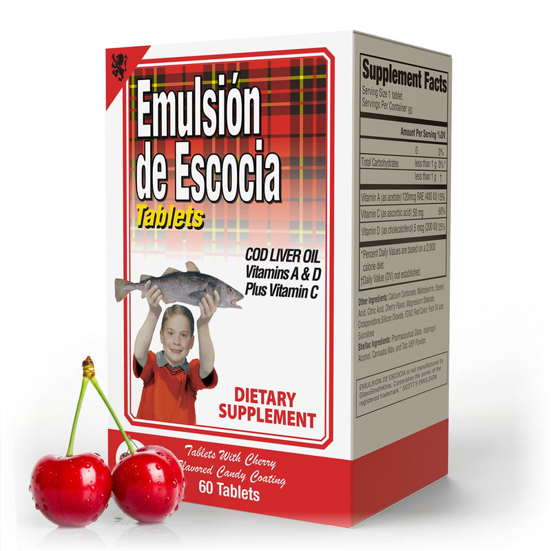Emulsión de Escocia Cod Liver Oil Tablets for Kids & Adults, Omega-3 Dietary Supplement with Vitamins A, B1, D & E, Supports Immune & Bone Health, Cherry Flavor, 60 Tablets