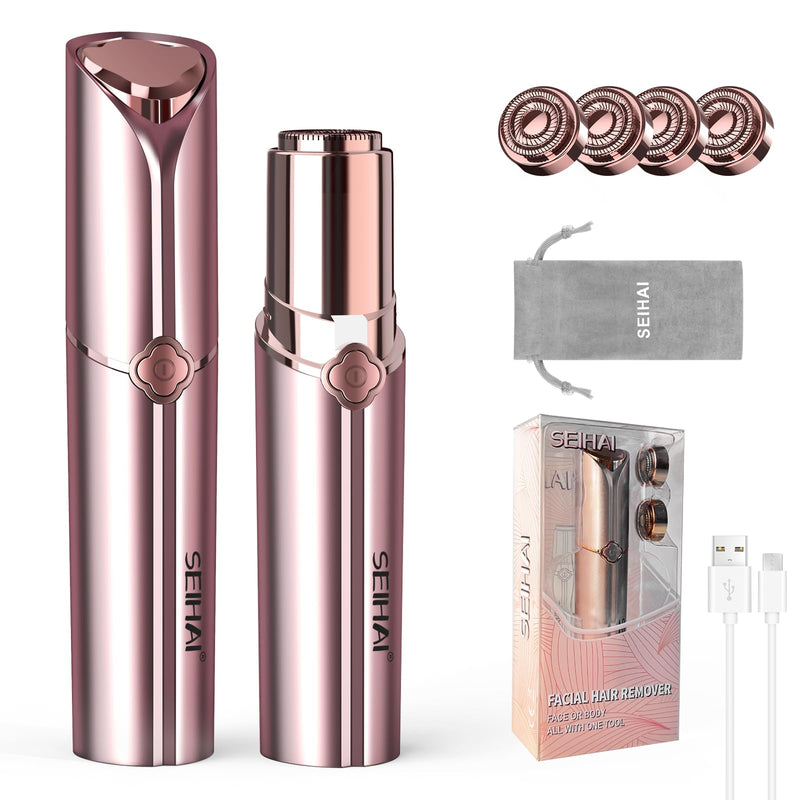 Facial Hair Removal for Women(Luxury), Hair Removal Device, Rechargeable Hair Remover/face shavers, Facial Hair Remover for Upper Lip, Chin, Included 4 x Replacement Heads Pink+4 Heads