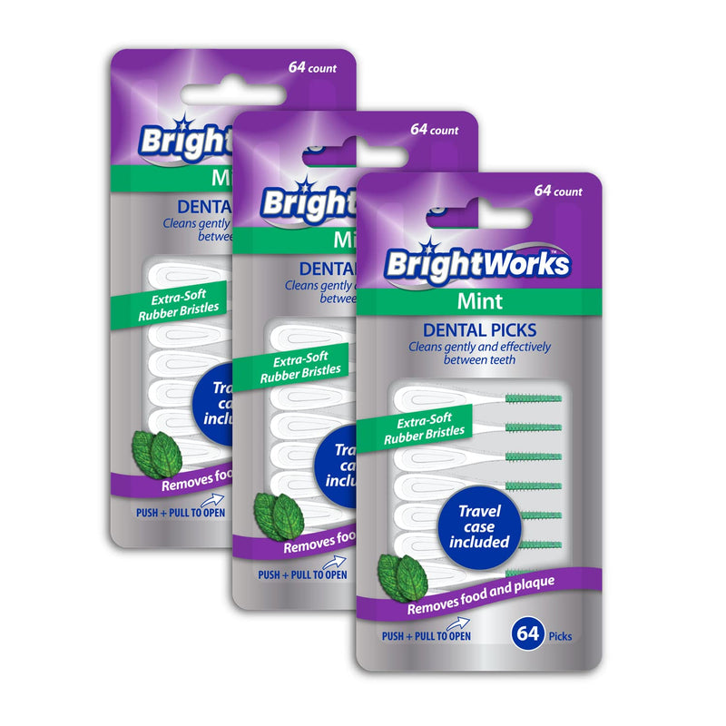 [Australia] - BrightWorks Mint Dental Picks, with Extra Soft Rubber Bristles and Flexible Tip, Clean Gently and Effectively Between Teeth, Travel Case Included, 3 Packs (64 Per Pack) [192 Total Picks] 