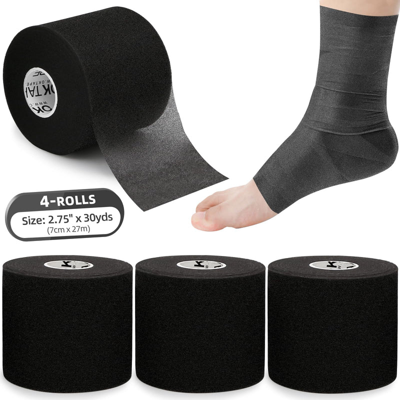 [Australia] - OK TAPE Pre Wrap Tape (4-Rolls) - Athletic Foam Underwrap for Sports, Protect for Ankles Wrists Hands and Knees, 2.75 Inches x 30 Yards - Black 