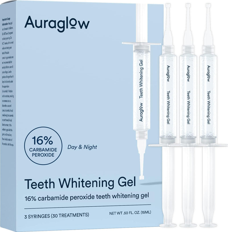 [Australia] - Auraglow 16% Overnight Teeth Whitening Gel Syringe Refills, 16% Carbamide Peroxide, Overnight Teeth Whitening Gel, 30 Whitening Treatments, (3) 5mL Whitening Gel Syringes, Contains Potassium Nitrate 