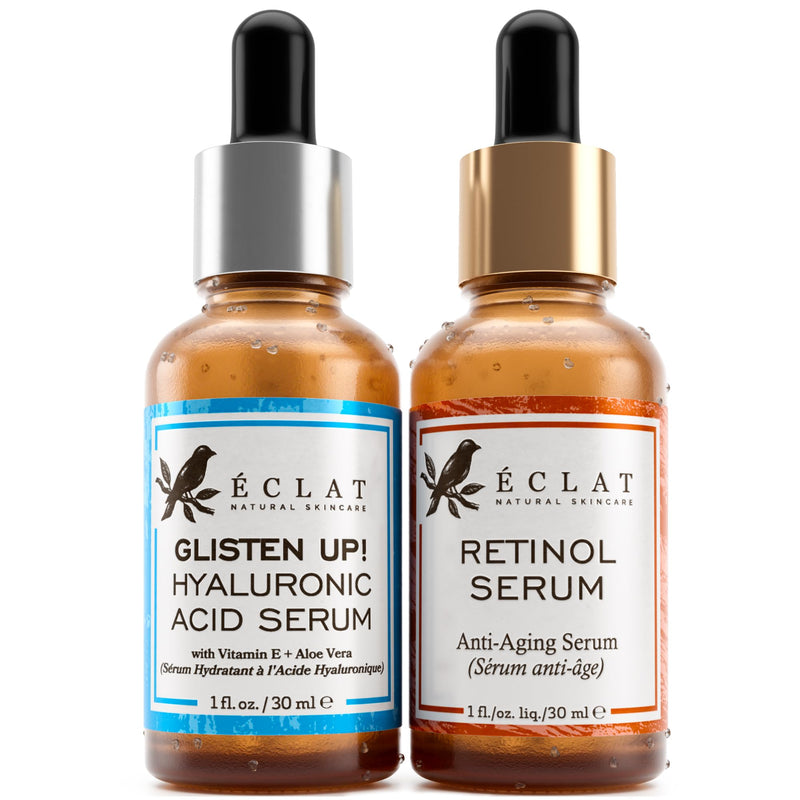 Eclat Skincare Retinol Serum + Hyaluronic Acid Serum Set – Anti Aging Retinol with Vitamin E + 2.5% Hyaluronic Acid with B5, Green Tea & Jojoba – Hydrating, Nourishing & Plumping Duo 1 fl oz each