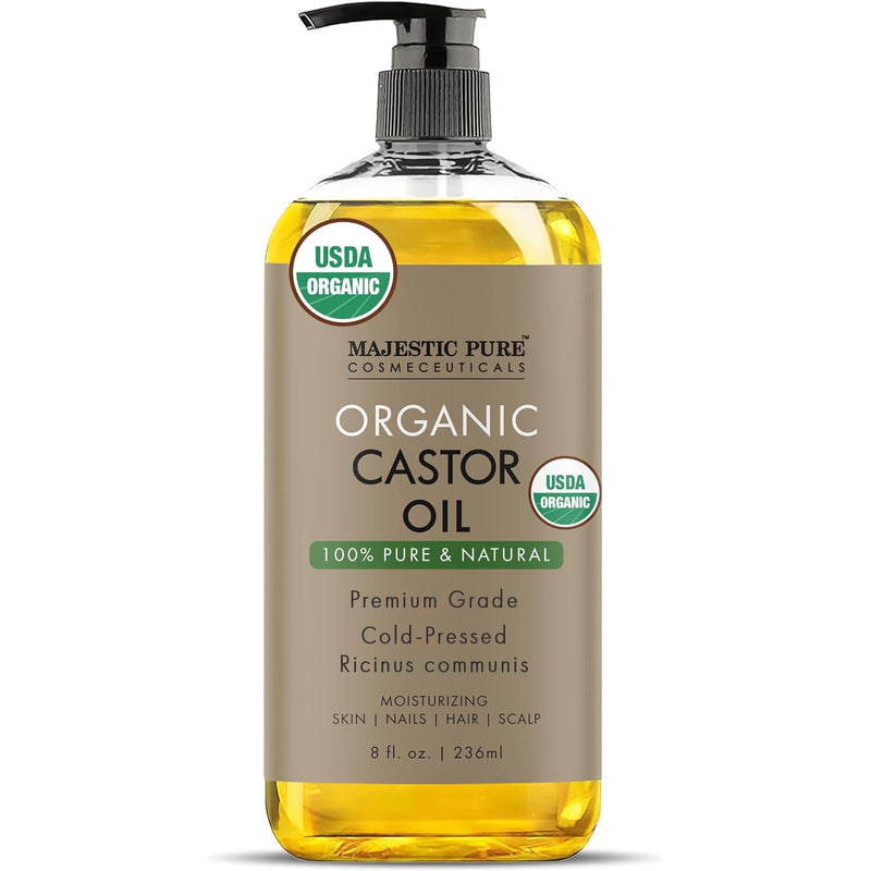 [Australia] - MAJESTIC PURE USDA Organic Castor Oil | Hexane Free & 100% Pure | Cold Pressed | Stimulate Growth for Hair, Eyelashes, Eyebrows, Nails | Body, Hair & Carrier Oil | 8oz 8 Fl Oz (Pack of 1) Castor Usda 