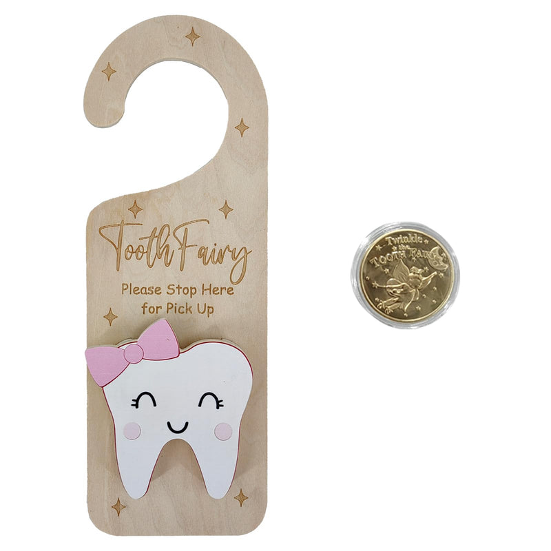 [Australia] - Tooth Fairy Door Hanger, Wooden Tooth Fairy Holder with Tooth Coins for Lost Tooth Kids Gifts - Pink 