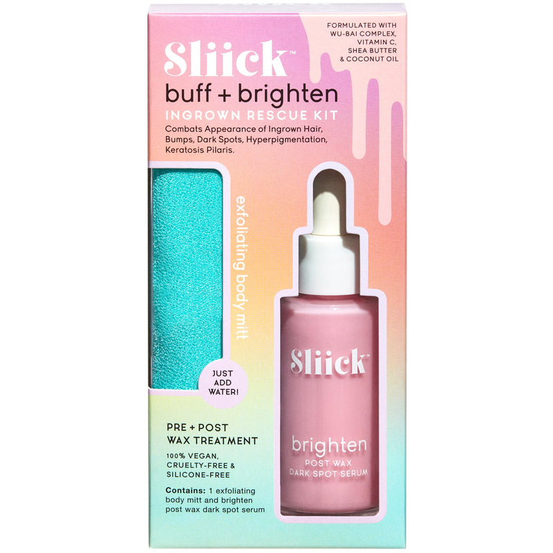 Sliick Buff + Brighten Ingrown Hair Treatment for Bikini Area – Post Shave Serum & Exfoliating Mitt for Razor Bumps & Dark Spots, Ingrown Hair Serum, 1 fl oz
