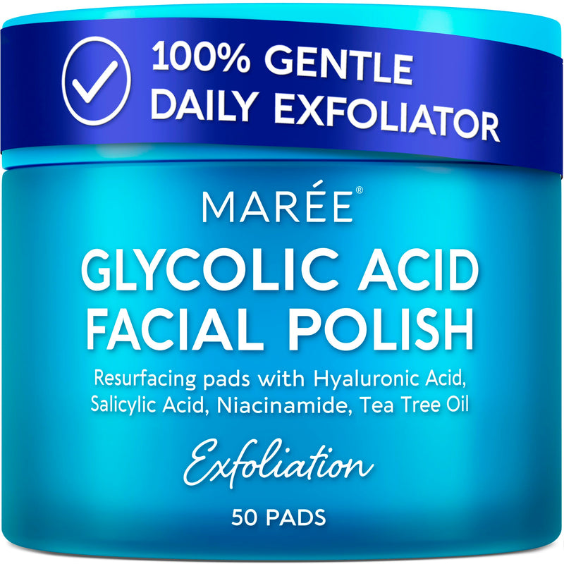 MAREE Glycolic Acid Pads - Toner Pads for Face Cleansing - Exfoliating Pad with Tea Tree Oil, Salicylic Acid & Vitamins E, B3, B5 - Acne Clearing, Skin Pore Resurfacing & Radiance Device - 50 Count Glycolic Pads