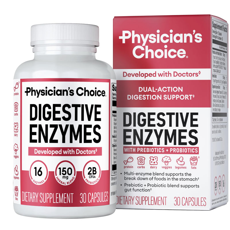 [Australia] - Physician's CHOICE Digestive Enzymes - Multi Enzymes, Bromelain, Organic Prebiotics & Probiotics for Digestive Health & Gut Health - Bloating & Meal Time Discomfort - Dual Action - All Diets - 30 CT 