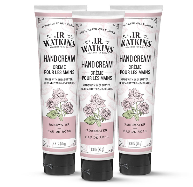 [Australia] - J.R. Watkins Natural Moisturizing Hand Cream, Hydrating Hand Moisturizer with Shea Butter, Cocoa Butter, and Avocado Oil, Cruelty Free, 3.3oz, Rosewater, 3 Pack 3.3 Ounce (Pack of 3) 