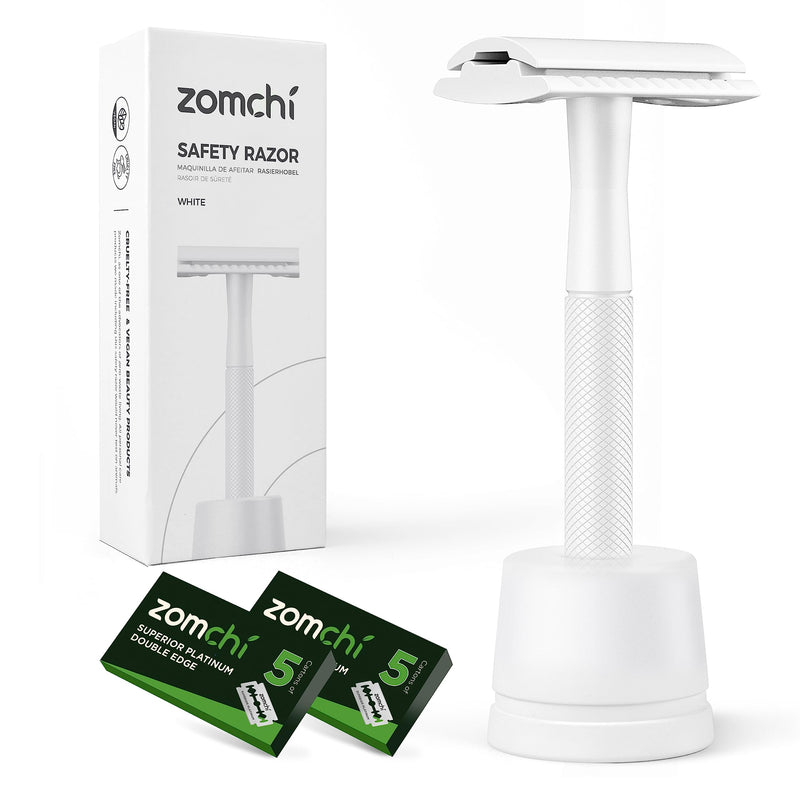 ZOMCHI Double Edge Safety Razor with Stand for Men, Women Razor with 10 Double Edge Safety Razor Blades, Plastic Free Metal Razor – White 1 Count (Pack of 1) White Razor with Stand